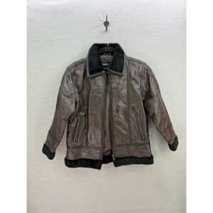 Vintage PB Basics Womens Brown Genuine Leather Patchwork Faux Fur Trim Full Zip